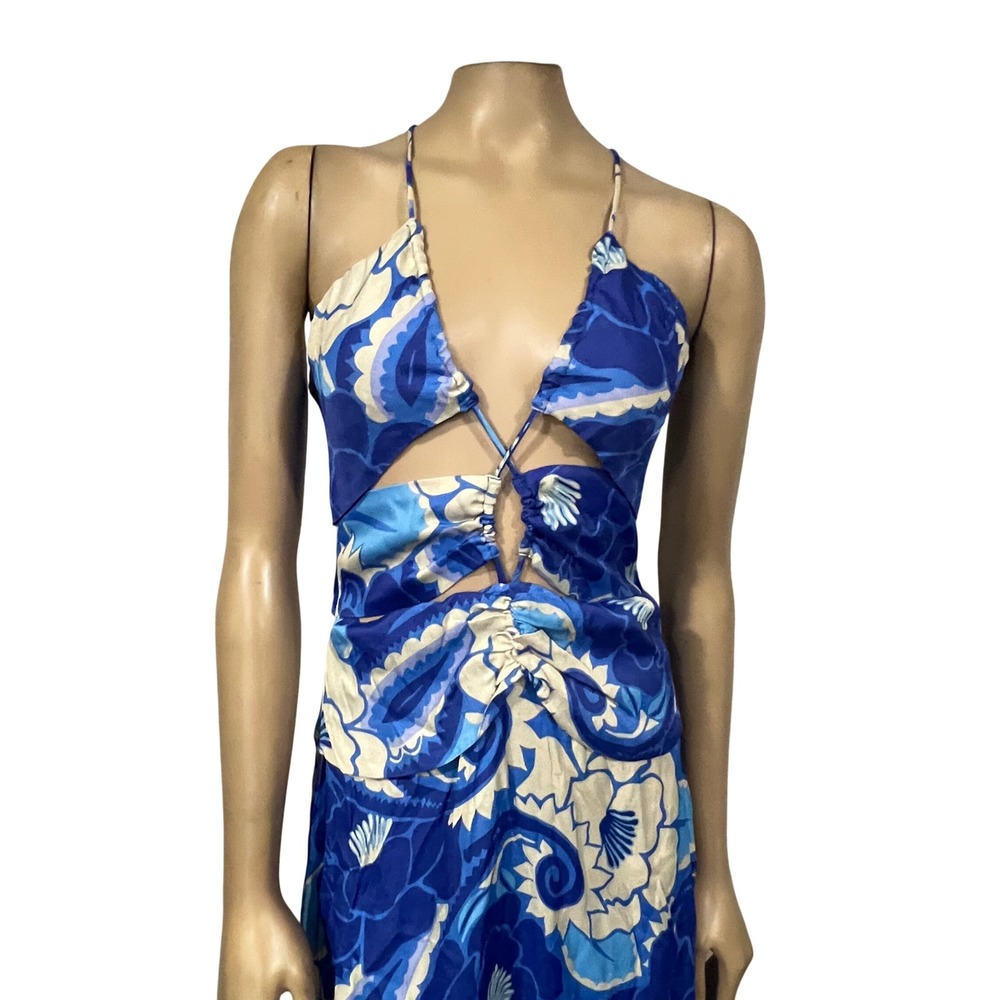 Farm Rio Blue Floral Cutout Halter Maxi Dress Tropical Print Boho Sleeveless | M - Picture 7 of 13